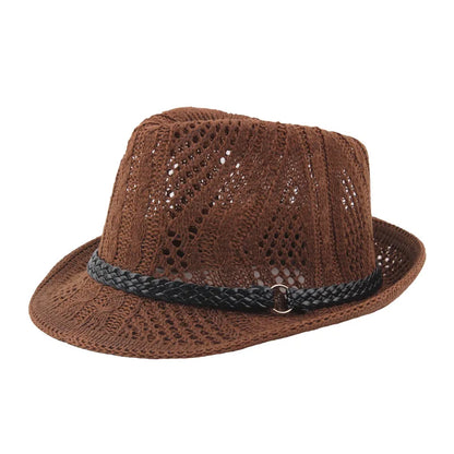 Summer Women's Knitted Mesh Breathable Curled Jazz Hat Leather Belt Panama Hat