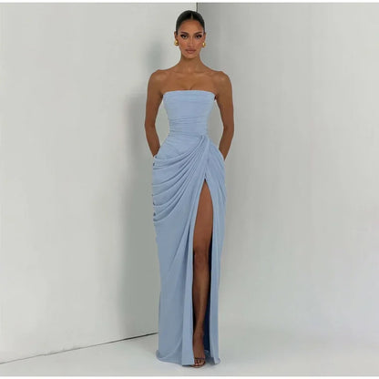 Women Strapless Pleated Long Dress Elegant Solid Split Sleeveless Backless High Waist Slim Fit Maxi Dresses 2026 Lady Party Robe