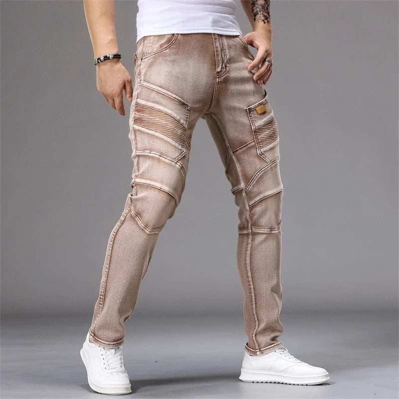 Men's Patchwork Skinny Ripped Jeans Fashion Trousers Elastic Slim Hole Biker Denim Pants Hip-hop Rock American Streetwear