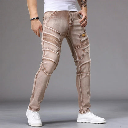 Men's Patchwork Skinny Ripped Jeans Fashion Trousers Elastic Slim Hole Biker Denim Pants Hip-hop Rock American Streetwear