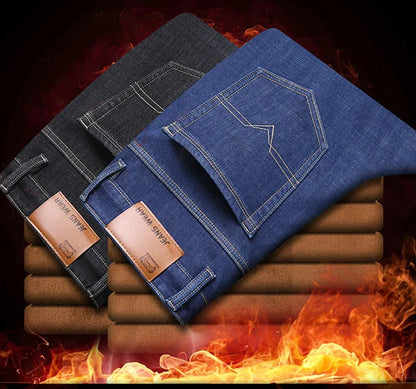 Men New Winter Classics Fleece Thick Warm Jeans Men's Loose Straight Elastic Denim Pants Casual Plush Trousers Large Size 28-40