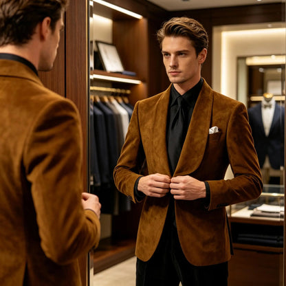 Men Suede Shawl Lapel Tuxedo Blazer Slim Fit One Button Formal Suit Jacket For Wedding Party Dinner Occasions