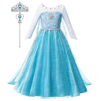 Girls Snow Queen Elsa Anna Long Sleeves Costume Kids Princess Dress Halloween Cosplay Party Prom Gown Vesidos For 2-10 Years