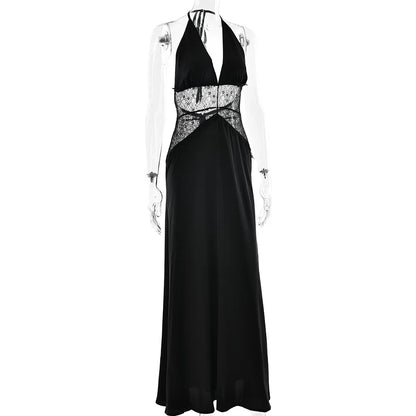Sexy Deep V-neck Backless Lace Patchwork Satin Dresses for Women 2026 Summer Halter Sleeveless Long Maxi Party Evening Dress