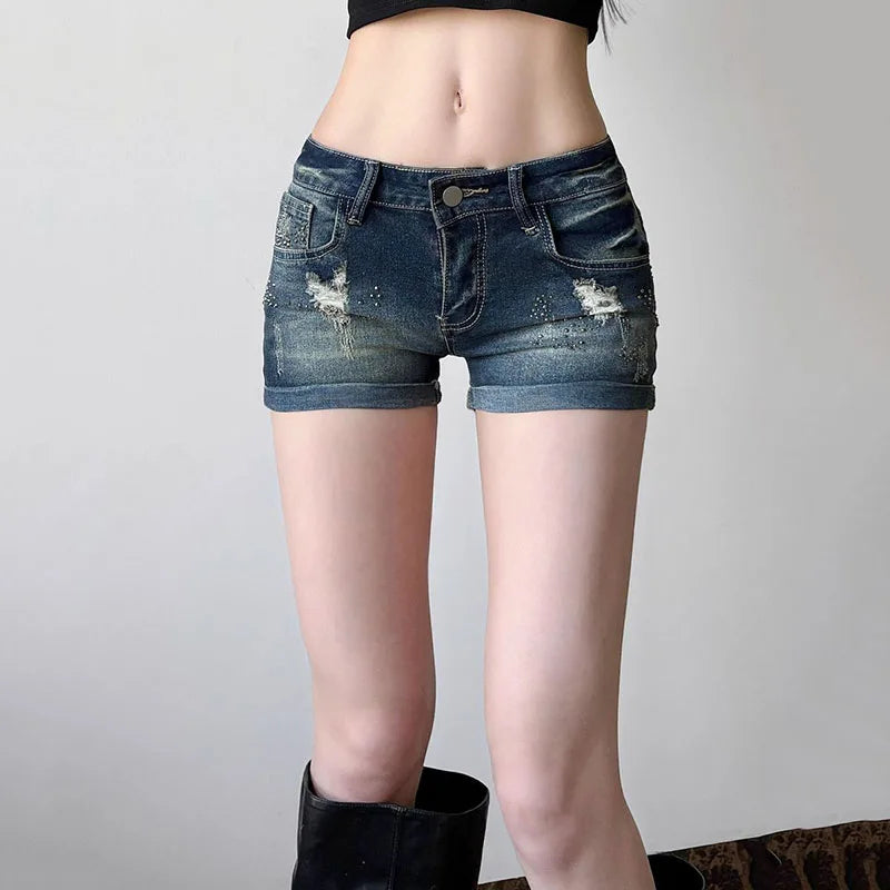 Summer Women Hole Denim Shorts Sexy Low Waist Slim Fit Hot Rhinestones Short Jeans Woman Retro Y2K Streetwear Roll Up Hem Shorts