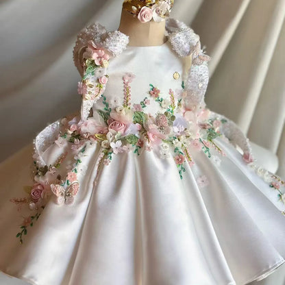 Flower Girl Dress Satin 3D Floral Embellished Ball Gown Wedding Gown First Christmas Party Dress For Girlsفساتين اطفا