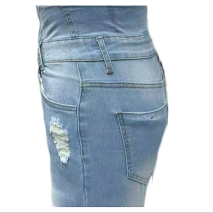 Women's High Waisted Elastic Jeans Vintage Hole Blue Tight Denim Trouser Basic Small Leg Jeans Elastic Tight Pants New