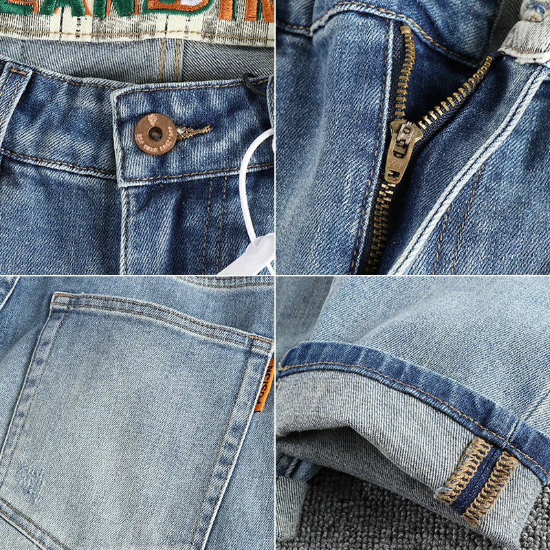 New wash light blue ground white jeans men's spring American fashion brand small straight leg retro casual youth pants