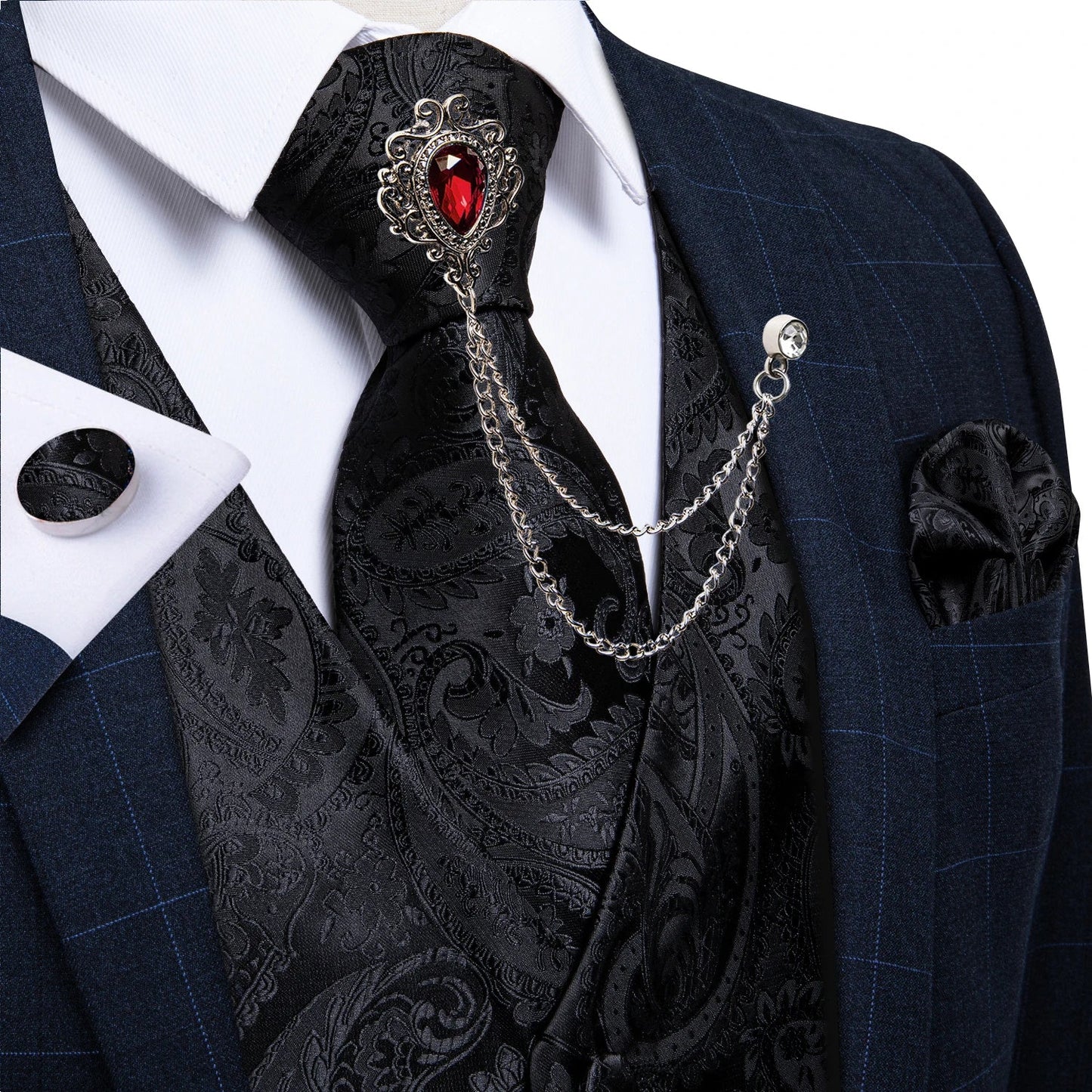 New Teal Green Paisley Formal Dress Vest Men's Suit Vest Waistcoat Tie Brooch Pocket Square Set for Tuxedo
