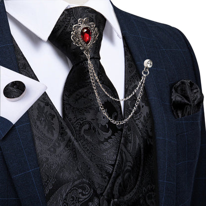 New Teal Green Paisley Formal Dress Vest Men's Suit Vest Waistcoat Tie Brooch Pocket Square Set for Tuxedo