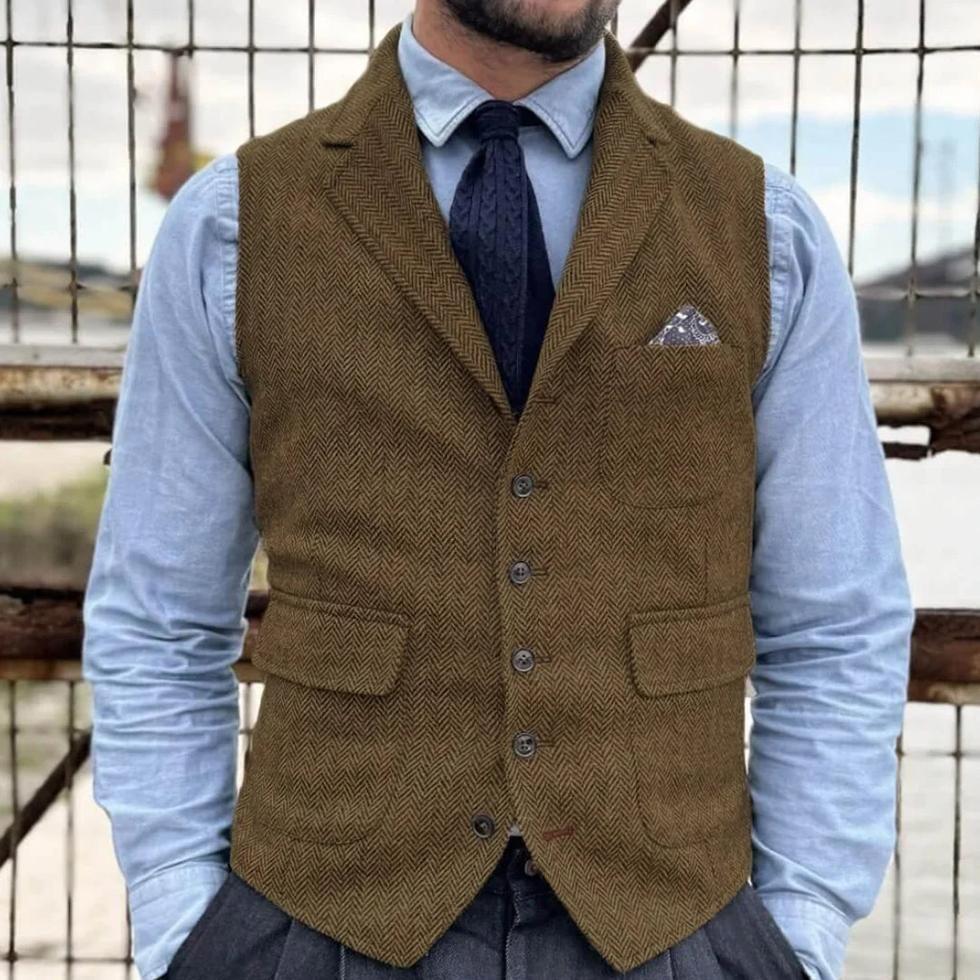Men Vest Khaki Herringbone Single Button With Lapel Waistcoat For Banquet Party Business Office Work Casual Daily Men Suit Vest