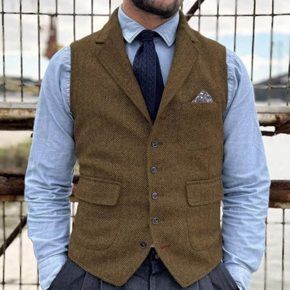 Men Vest Khaki Herringbone Single Button With Lapel Waistcoat For Banquet Party Business Office Work Casual Daily Men Suit Vest