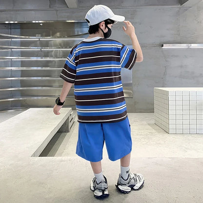 Elegant Children Summer Suit Outfit for Boy Striped Top and Bottom Set Kids Teenagers Cotton T-shirt Shorts 2 Pieces Clothes Set