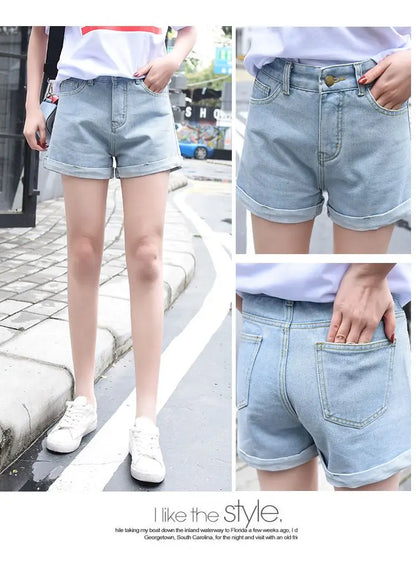High-Waist Cuffed Denim Shorts Women Summer Korean Style Student Loose Slimming Outerwear A-Line Wide Leg Hot Pants Y2K Shorts