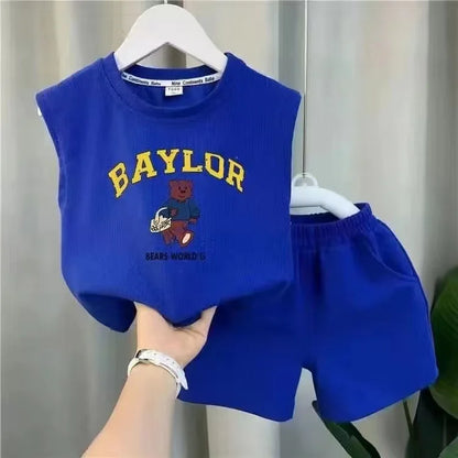 Summer Children Boys 2PCS Clothes Set Cotton Letter Bear Sleeveless Tops Tee Suit Thin Cool Sporty Shorts Kid Babys Boys Outfits