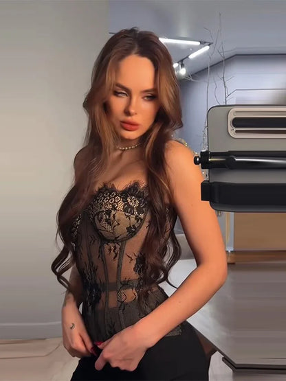 Sexy Women Sheer Lace Corset Top Bodycon Strapless Boned Bustier Sleeveless Back Lace-up Outfit 2026 New Fashion Party Clubwear