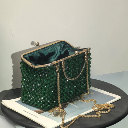 Emerald Green Handmade Beaded Clutch Bag | Vintage Gold Frame Evening Purse with Chain Strap for Party/Wedding/Cocktail