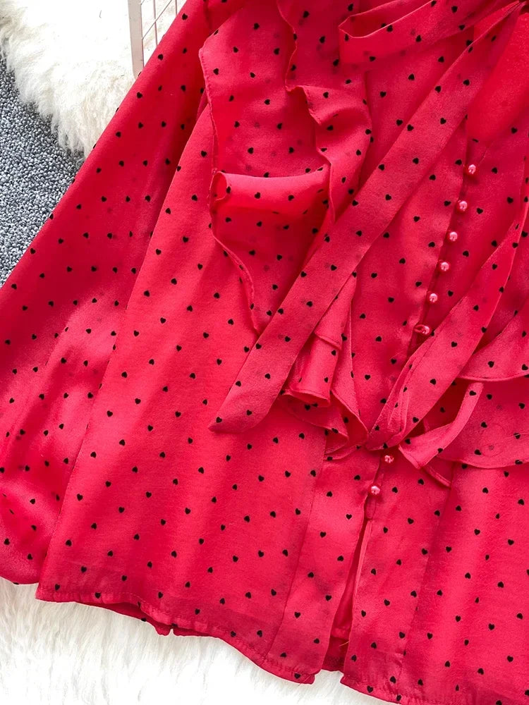 French Sweet Long Sleeved Blouse Women's Clothing Spring Autumn Bow Ruffle Edge Polka Dot Printed Chiffon Shirt Top C42