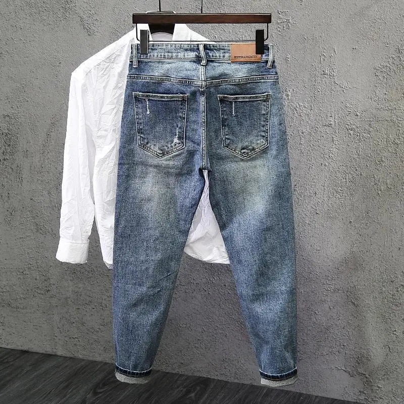 Jeans Ripped Trendy High Street Men's Long Pants Men's Brand Knees 2025 New Spring Autumn Slim Feet Streetwear Men Blue Jeans