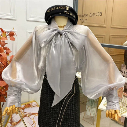 Spring Autumn Women Fashion Tops New Shirts Lantern Sleeve Stand Collar Solid Casual Vintage Elegant Temperament Long-Sleeved