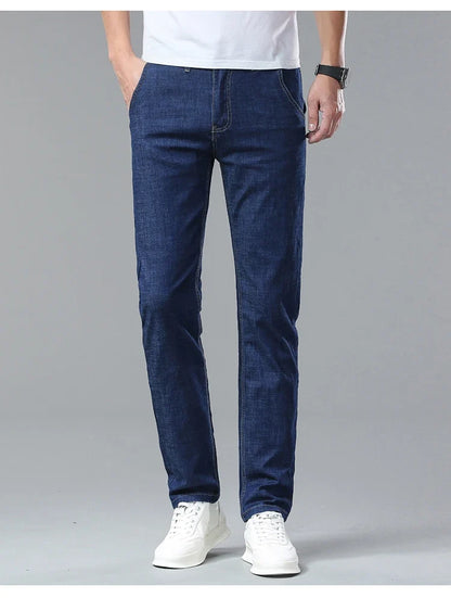 Men's Ice Silk Jeans Summer New Lyocell Thin Business Casual Denim Pants Classic All Match Slim Fit Straight Elastic Jean Male
