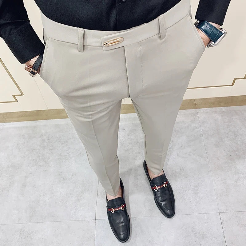 Spring 2025 Men Pants Korean Slim Fit Men Casual Ankle Length Pants Streetwear Men High Quality Black Gray Khaki Dress Suit Pant