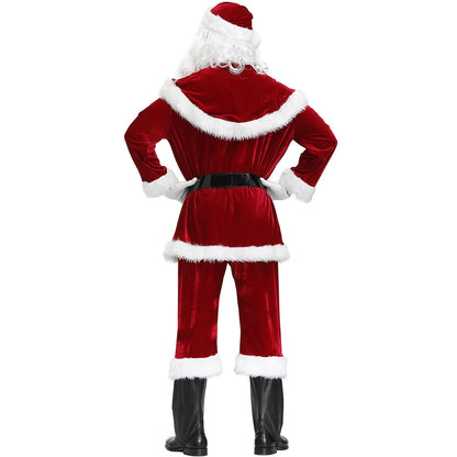 2024 New Man Santa Claus Suit Adult Christmas Cosplay Costume Red Deluxe Velvet Fancy 8pcs Set Xmas Party Family Costume Outfits
