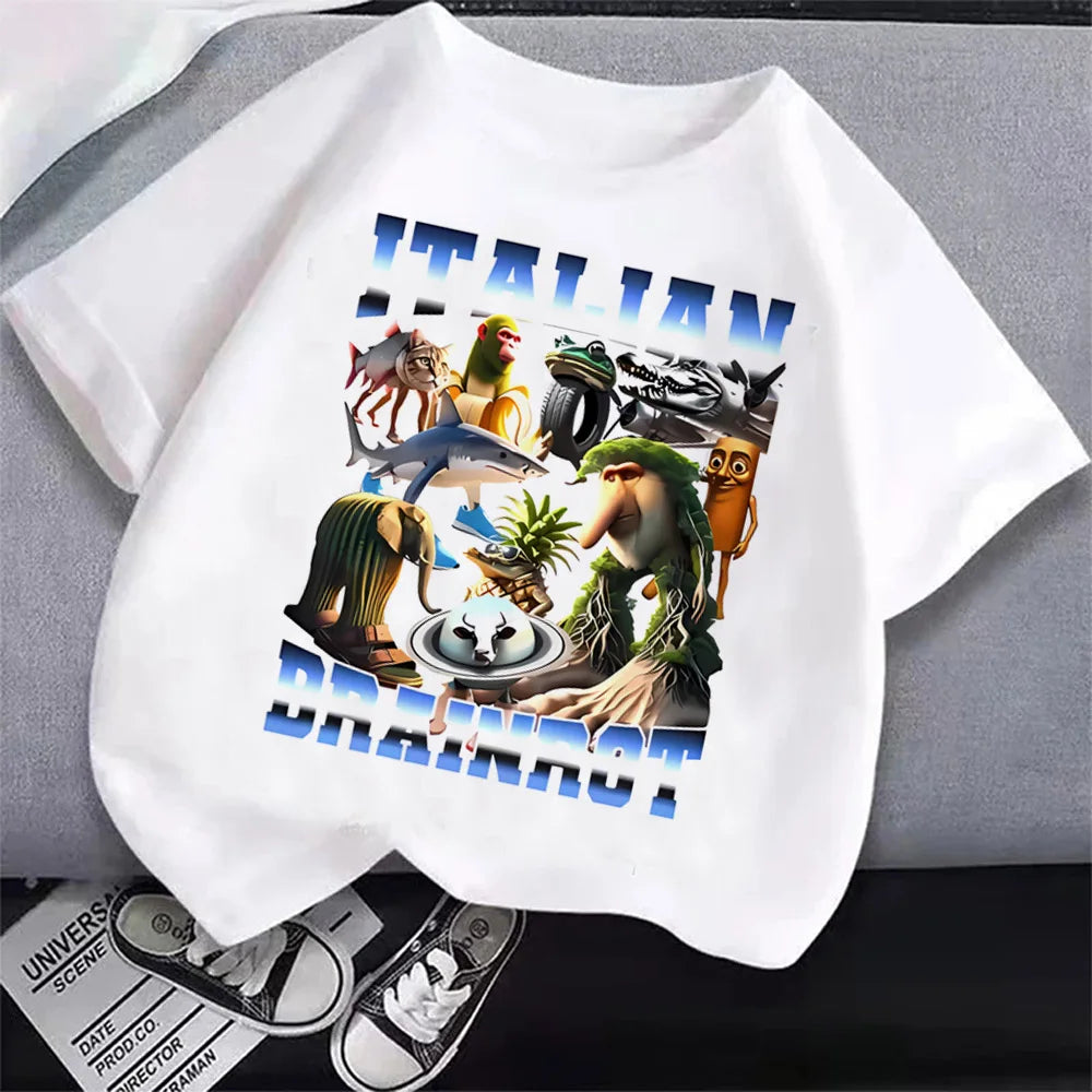 Italian Brainrot T-Shirt Kids Cartoon Anime Print Clothes Round Neck Basic Boys Tops Absorbent Casual Shirts Gift