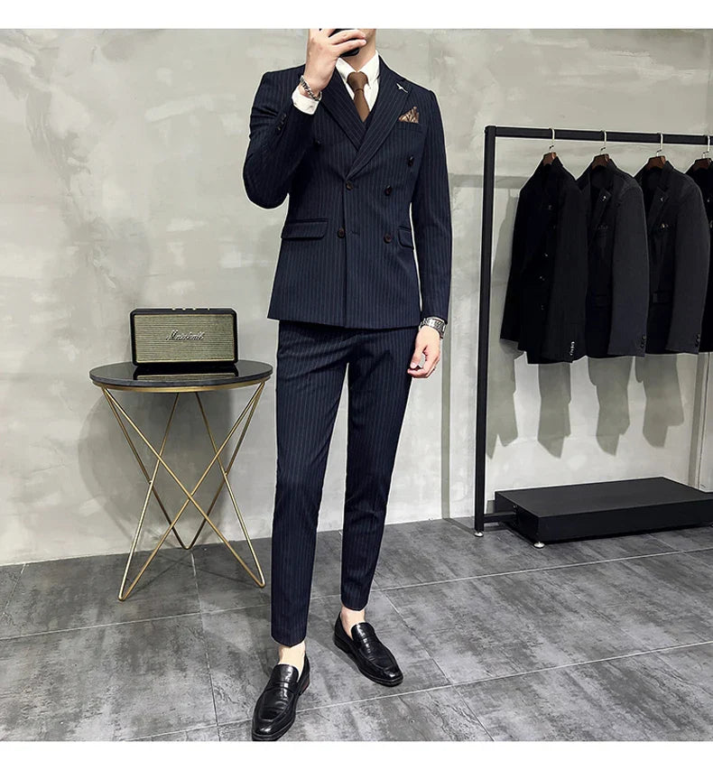M-7XL ( Blazer + Pants ) Luxury Classic Striped Men's Official Office Casual Business Double -breasted Suit Groom Wedding Gown