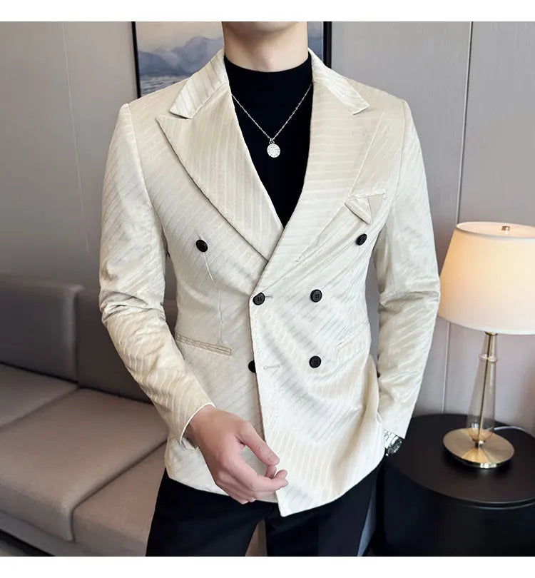 Autumn Winter New Velvet Suit Jacket Men Double-Breasted Striped Slim Fit Casual Coats High Quality Formal Business Tailcoat