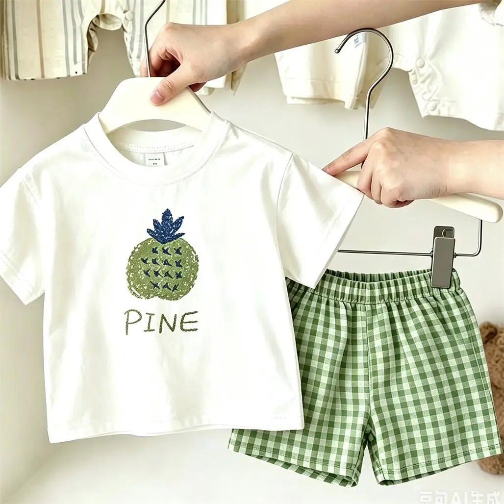 Lovely Suits White TShirt+Plaid Shorts Two Piece Set Casual Loose 2026 Summer Clothing Short-sleeved Tracksuits Child's Costume