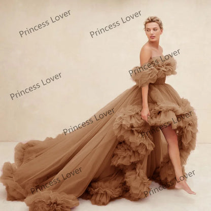 Women Prom Dresses Tulle High Low Vestido de Novia Robes Off the Shoulder Evening Dress Ruffled Fluffy Party Gowns Customized