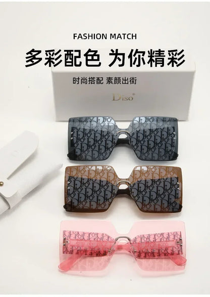 New Fashion Rimless Sunglasses Women Large Frame One Piece Sun Glasses Ladies Luxury Letter Coated Eyewears Gafas De Sol UV400