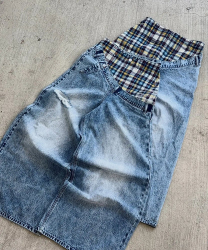 Y2k Slanted Runway Baggy Jeans Retro Plaid Patchwork Men Women Wide Leg Pants American Hip Hop Streetwear Unisex Casual Jeans