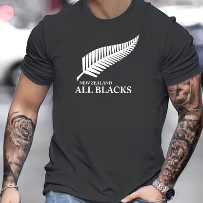 Men's Summer 100 Cotton Fashionable Casual Loose Large New Zealand Letter Feather Printed Round Neck Short Sleeve T-shirt Top