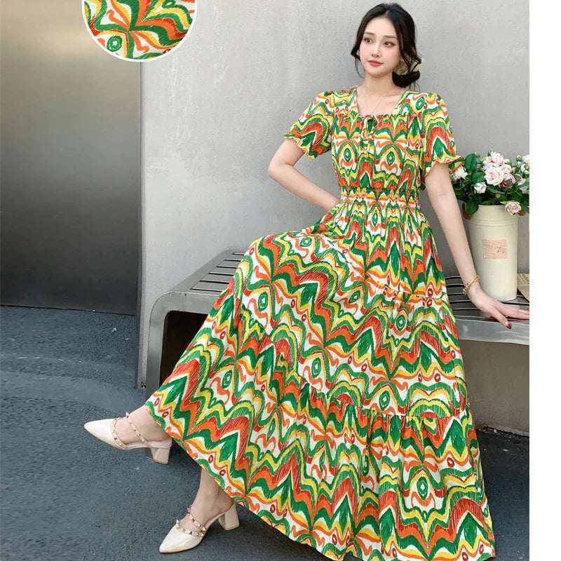 Summer New Cotton Silk Floral Print Maxi Dr ort Sve Beachwear High Waist Young Women's Large Skirt Swing Dr