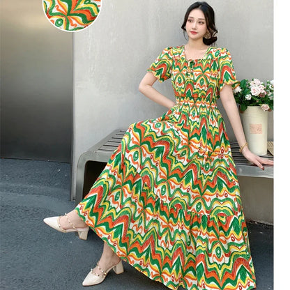Summer New Cotton Silk Floral Print Maxi Dr ort Sve Beachwear High Waist Young Women's Large Skirt Swing Dr