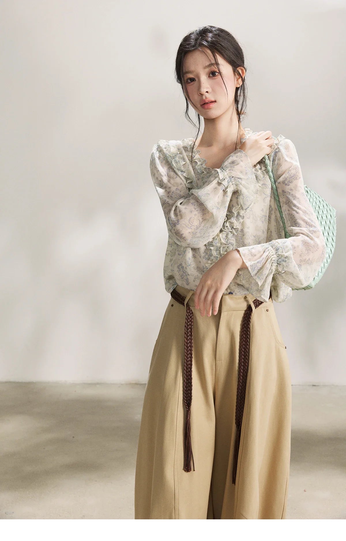 Women's Light Blue Paisley Print Ruffle Blouse V-neck Sheer Long Sleeve Chiffon Shirt Casual Summer Wear MXF13X2549