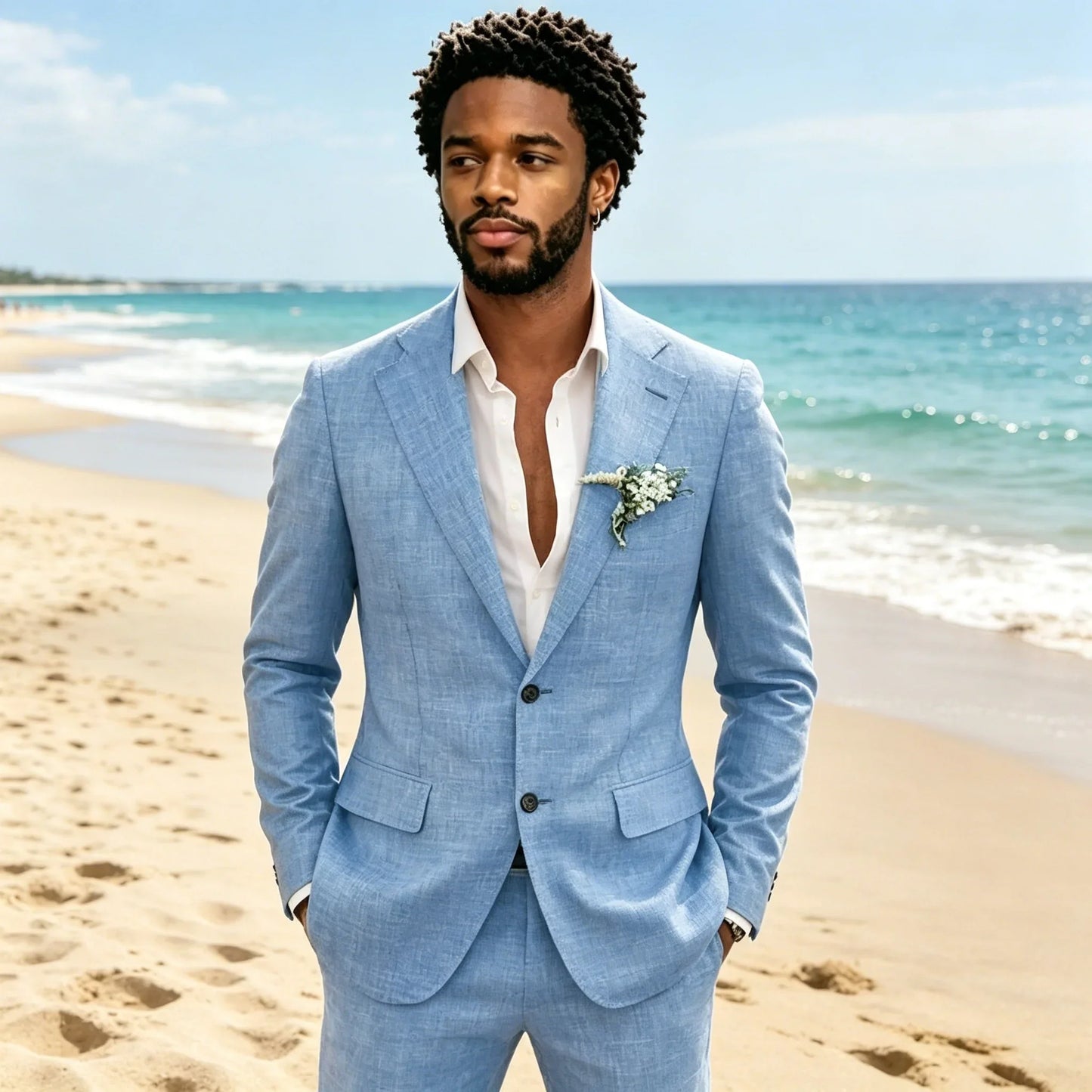 Light Grey 2 Pieces Linen Men's Suits With Pants Groom Tuxedos Summer Casual Style Groomsmen For Wedding Blazer Sets