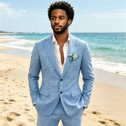 Light Grey 2 Pieces Linen Men's Suits With Pants Groom Tuxedos Summer Casual Style Groomsmen For Wedding Blazer Sets