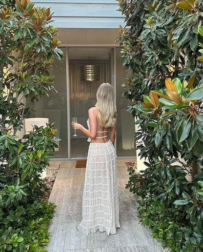 Fashion Halter Neck Long Skirt Suit Women Backless Sling Top Lace Up Fold Maxi Skirts New Summer Female 2 Piece Set Outfits