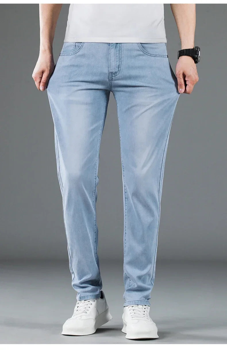 New Men's Thin Lyocell Jeans Soft Business Stretch Fashion Trousers Slim Brand Casual Elasticity Denim Pants Male Clothes