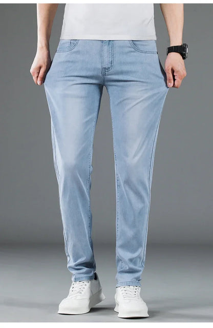 New Men's Thin Lyocell Jeans Soft Business Stretch Fashion Trousers Slim Brand Casual Elasticity Denim Pants Male Clothes