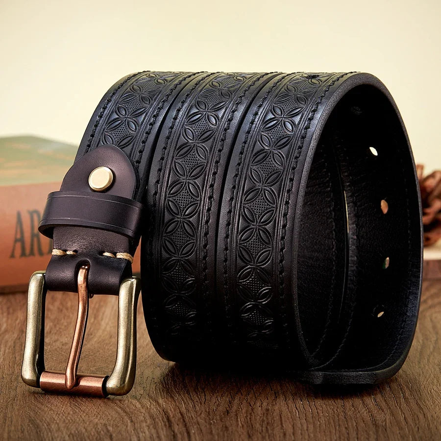 High Quality Embossed Western Cowboy Brass Buckle Belt Real Thick Genuine Leather Designer Men Belt Punk Jeans Belts For Men