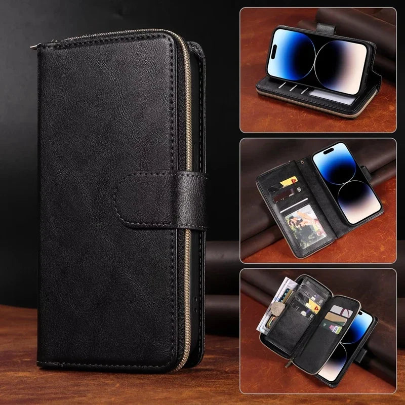 Double Layer Zipper Wallet Case with 9 Card Slots for iPhone 16 16E Pro Max 15 14 Plus13 12 Pro Max PU Leather Flip Cover