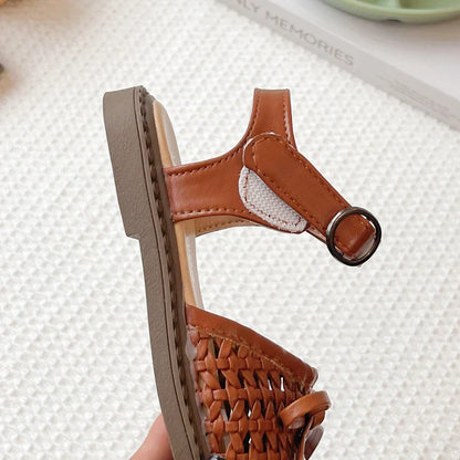 Kids Summer Casual Sandals Sweet Bow Girls Woven Flat Shoes Non-slip Children's Hollow-out Beach Sandals for School Daily Wear