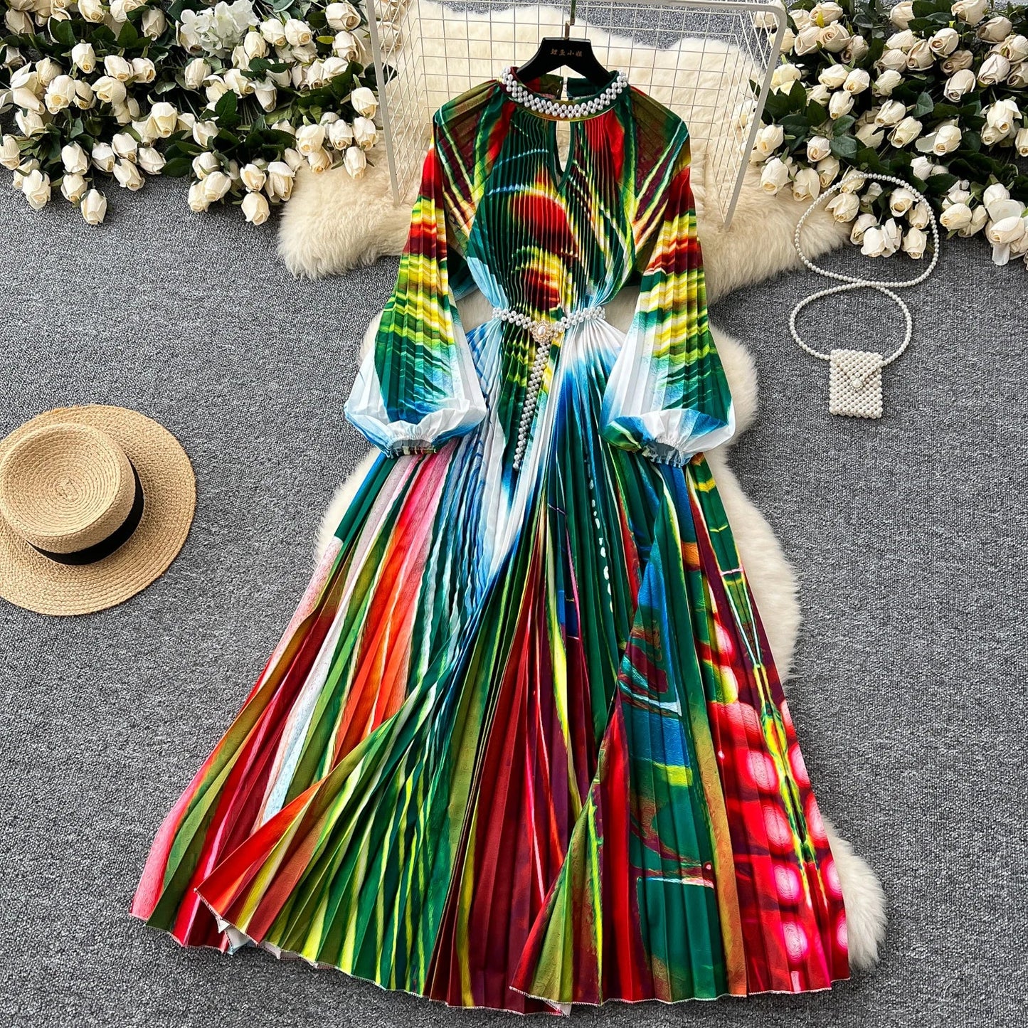 Ele High-End Women's Dr Faionable Beaded round Ne Hollow out Pleated Lantern Sve Waist Cinched Floral Print Lon...
