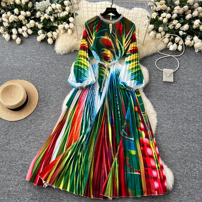 Ele High-End Women's Dr Faionable Beaded round Ne Hollow out Pleated Lantern Sve Waist Cinched Floral Print Lon...