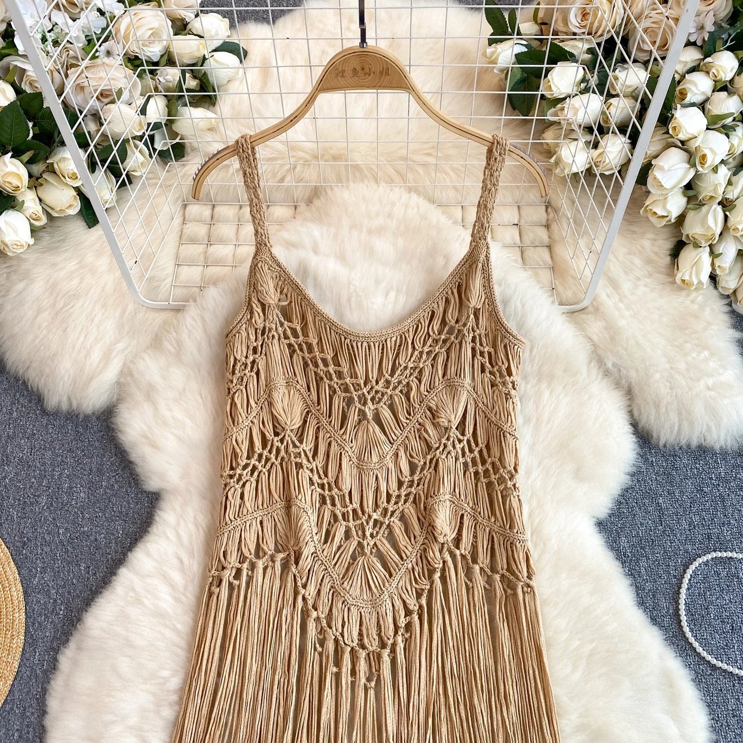 Retro Knitted Camis Bohemian Vacation Beach style Summer Tank 2024 New Women Strap Sleeveless Long Tassel Tops