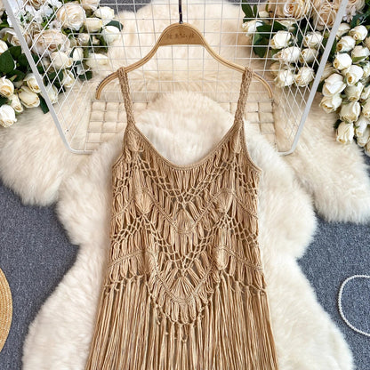 Retro Knitted Camis Bohemian Vacation Beach style Summer Tank 2024 New Women Strap Sleeveless Long Tassel Tops
